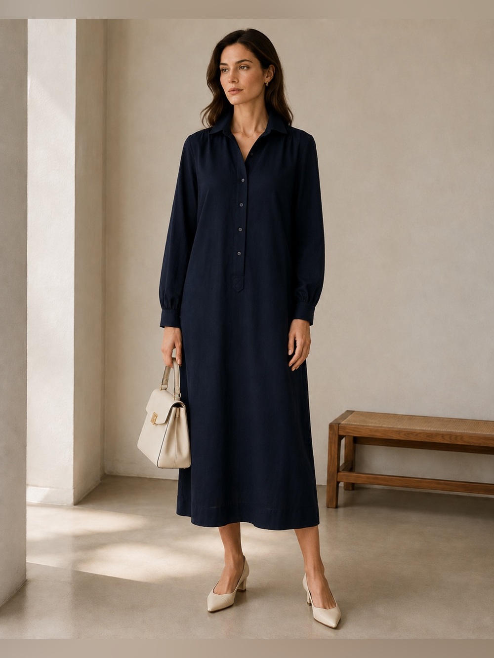 Vintage Brooks Brothers Navy Wool Maxi Shirt Dress Size 10